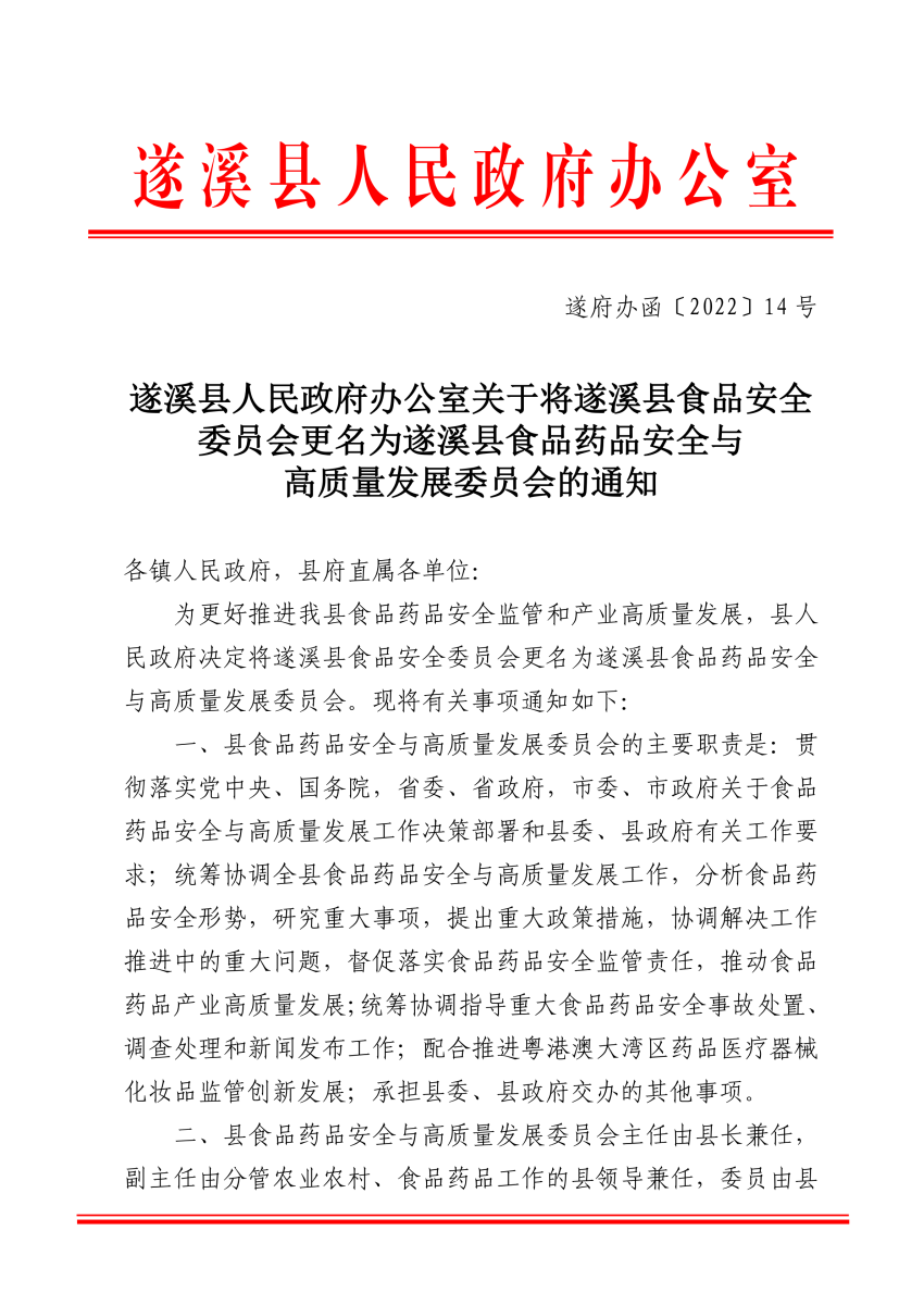 關于將遂溪縣食品安全委員會更名為遂溪縣食品藥品安全與高質量發(fā)展委員會的通知（遂府辦函〔2022〕14號）_00.png